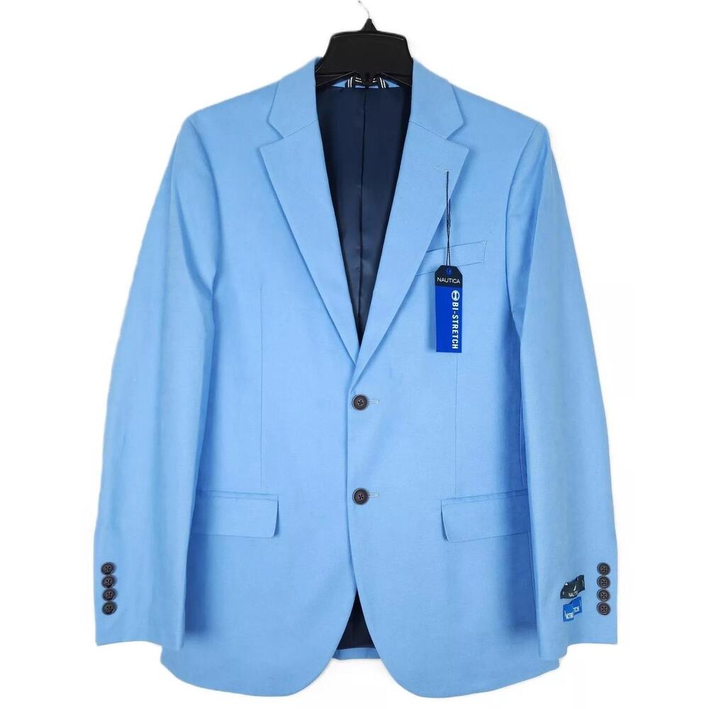 Nautica Mens Modern Fit 2 Piece Suit 36R 30x32 Light Blue Stretch Linen Cotton - Picture 2 of 10